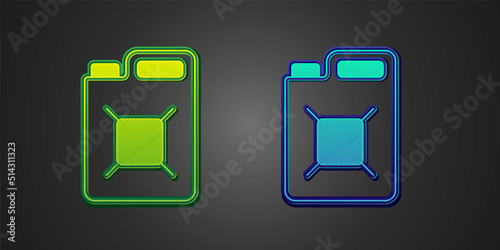 Green and blue Canister for gasoline icon isolated on black background. Diesel gas icon. Vector