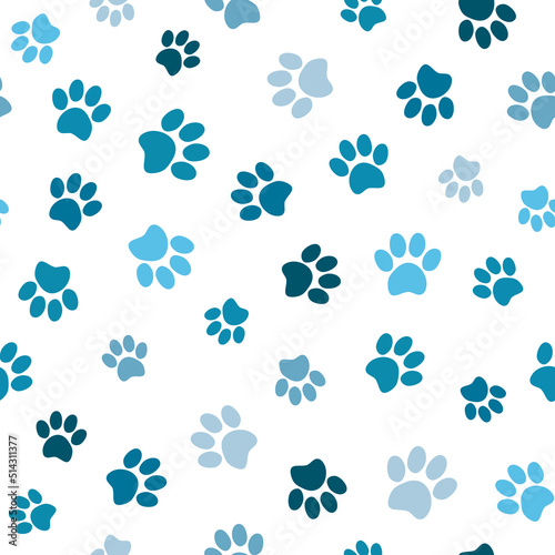 Seamless pet paw pattern. Cat or dog footprint on white background. Vector illustration. It can be used for wallpapers, wrapping, cards, patterns for clothes and other.