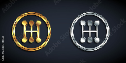 Gold and silver Gear shifter icon isolated on black background. Manual transmission icon. Long shadow style. Vector