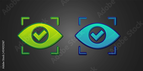 Green and blue Eye scan icon isolated on black background. Scanning eye. Security check symbol. Cyber eye sign. Vector