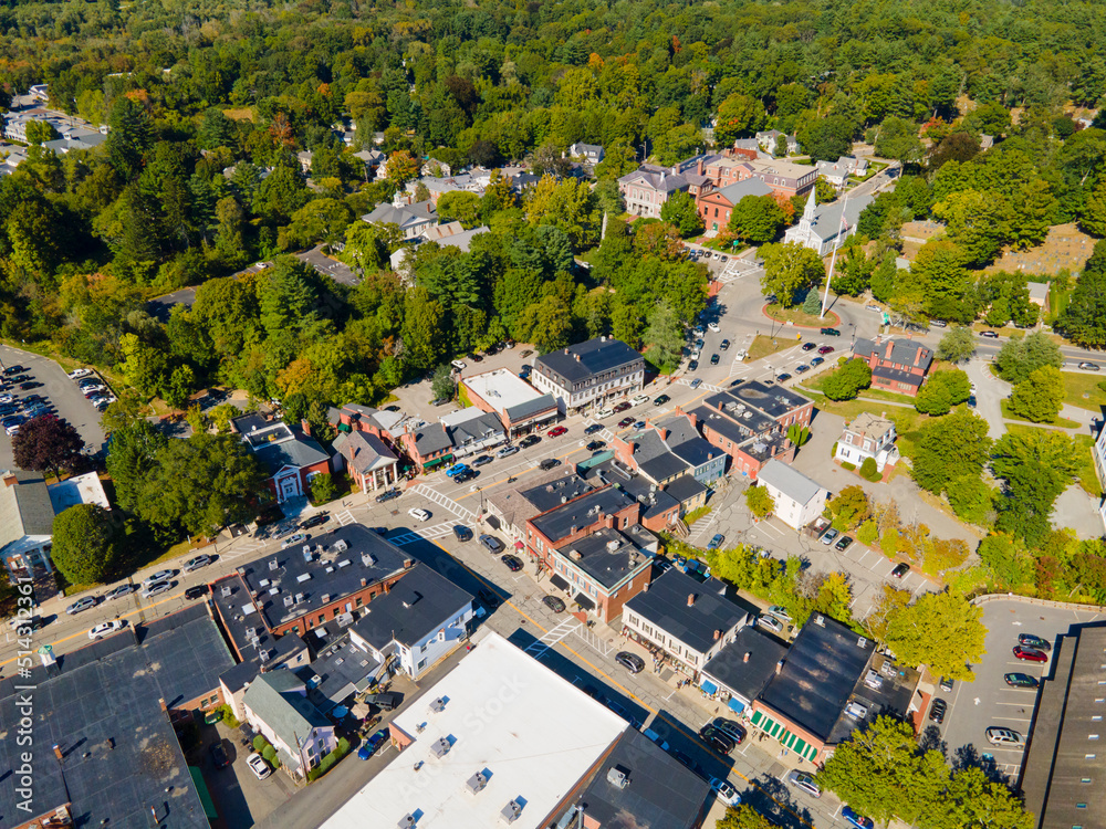 Concord historic town center aerial view in summer on Main Street in town of Concord, Massachusetts MA, USA. 