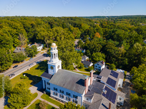 First Parish Church aerial view at 20 Lexington Street in historic town center of Concord, Massachusetts MA, USA. photo