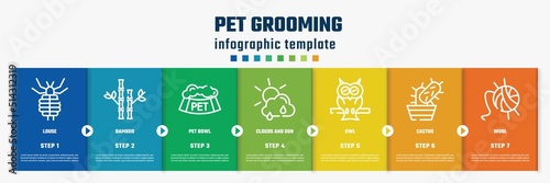 pet grooming concept infographic design template. included louse, bamboo, pet bowl, clouds and sun, owl, cactus, wool icons and 7 option or steps.