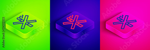Isometric line No smoking icon isolated on green, blue and pink background. Cigarette smoking prohibited sign. Square button. Vector