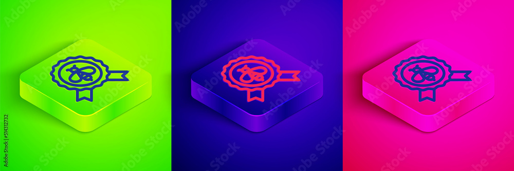 Isometric line Best bee icon isolated on green, blue and pink background. Sweet natural food. Honeybee or apis with wings symbol. Flying insect. Square button. Vector Isometric line Best bee icon isolated on green, blue and pink background. Sweet natural food. Honeybee or apis with wings symbol. Flying insect. Square button. Vector
