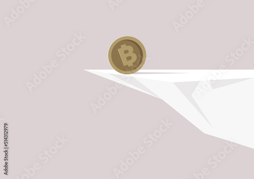 A bitcoin rolling to the edge of a cliff into the abyss, a cryptocurrency market crash