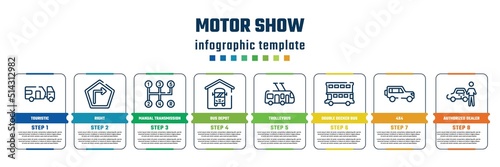 motor show concept infographic design template. included touristic, right, manual transmission, bus depot, trolleybus, double decker bus, 4x4, authorized dealer icons and 8 steps or options.