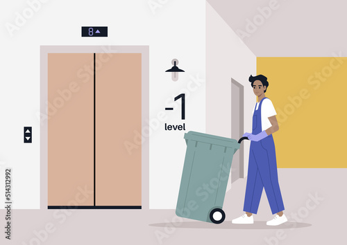 A young modern character in denim overalls collecting a waste bin in a basement, Utility service, environmental conversation, a plastic garbage container on a wheel