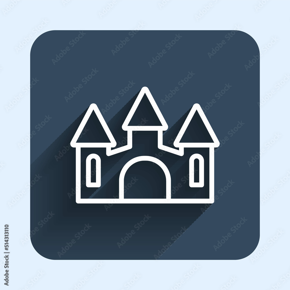 White line Castle icon isolated with long shadow background. Medieval fortress with a tower. Protection from enemies. Reliability and defense of the city. Blue square button. Vector White line Castle icon isolated with long shadow background. Medieval fortress with a tower. Protection from enemies. Reliability and defense of the city. Blue square button. Vector
