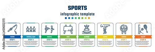 sports concept infographic design template. included fishing, football team, disciple, buck, blobbing, rappel, zorbing, squash icons and 8 steps or options.
