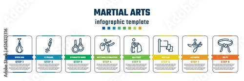 martial arts concept infographic design template. included speed bag, flyboard, gymnastic rings, rhythmic gymnastics, bullfight, red flag, kayaking, belts icons and 8 steps or options.