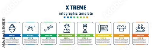 x treme concept infographic design template. included asian hat, black belt, free flying, sport commentor, football trophy, sacred scriptures, armour, bobsledding icons and 8 steps or options.