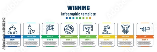 winning concept infographic design template. included playoff, food and drink, race flag, fitness ball, goalie, kitesurfing, chest guard, ets icons and 8 steps or options.