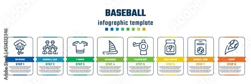 baseball concept infographic design template. included skydiving, baseball team, t-shirts, catamaran, pitching hine, whey protein, baseball card, strike icons and 8 steps or options.