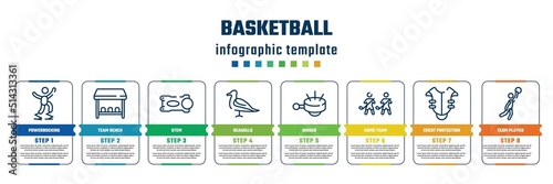 basketball concept infographic design template. included powerbocking, team bench, stem, seagulls, ringer, home team, chest protection, team player icons and 8 steps or options.