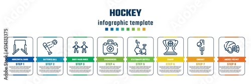 hockey concept infographic design template. included horizontal bars, battered ball, body mass index, emergencies, stationary bicycle, champ, crocket, hockey helmet icons and 8 steps or options.