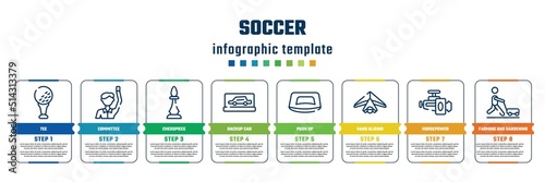 soccer concept infographic design template. included tee, committee, chesspiece, backup car, push up, hang gliding, horsepower, farming and gardening icons and 8 steps or options.