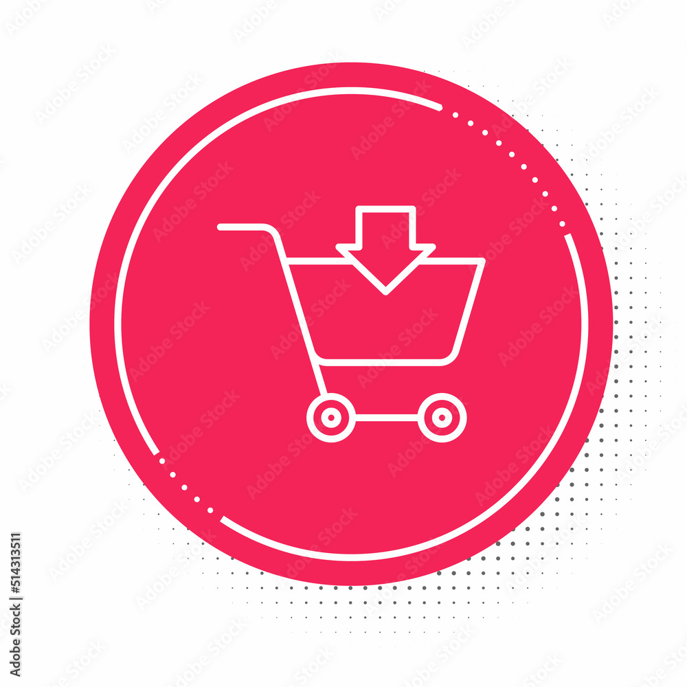 White line Add to Shopping cart icon isolated on white background. Online buying concept. Delivery service sign. Supermarket basket symbol. Red circle button. Vector White line Add to Shopping cart icon isolated on white background. Online buying concept. Delivery service sign. Supermarket basket symbol. Red circle button. Vector