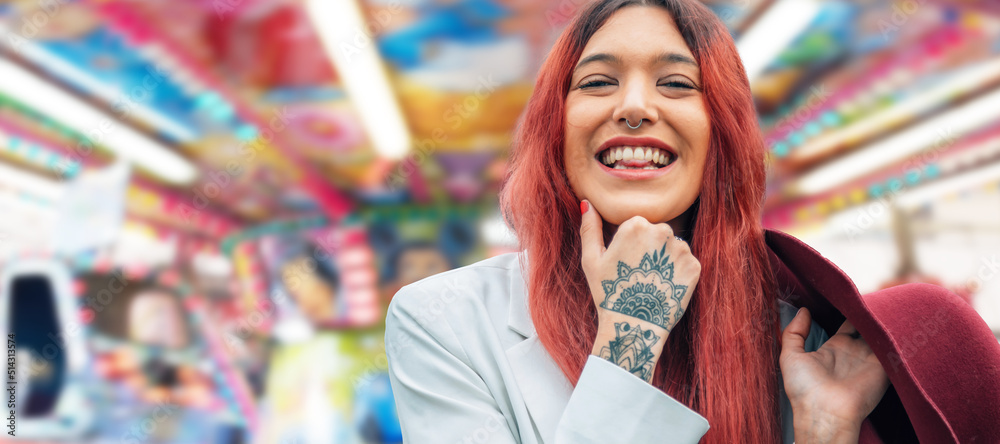 smiling hipster girl with tattoo and hat at fair or amusement park - obrazy, fototapety, plakaty 