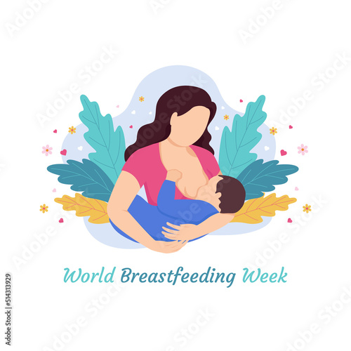 Breastfeeding illustration, mother feeding a baby with breast with nature and leaves background. Concept vector illustration in cartoon style. World Breastfeeding Week.