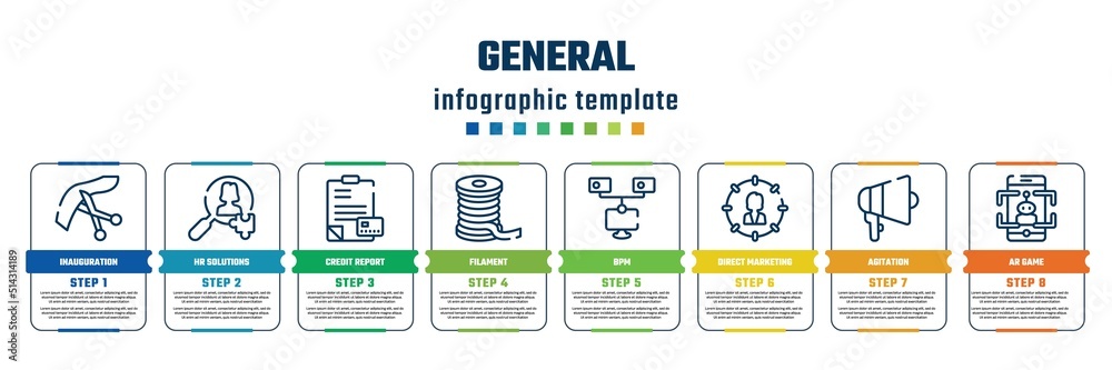 general concept infographic design template. included inauguration, hr solutions, credit report, filament, bpm, direct marketing, agitation, ar game icons and 8 steps or options. general concept infographic design template. included inauguration, hr solutions, credit report, filament, bpm, direct marketing, agitation, ar game icons and 8 steps or options.