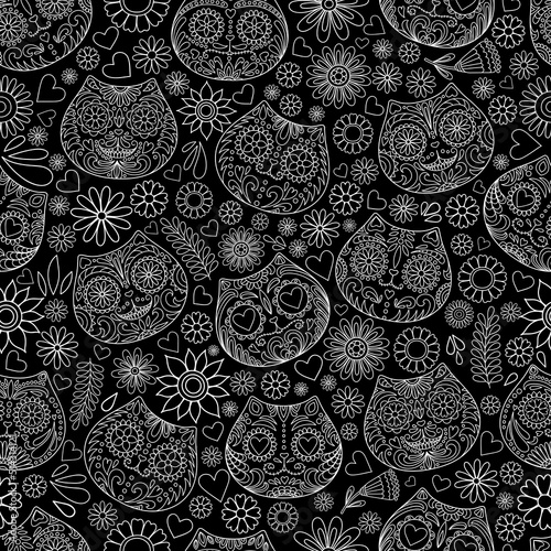 Day of the Dead skulls pattern. Mexican dead Cat. Dia de los muertos print. Day of the dead and Mexican tradition festival. Day of the dead sugar skull isolated. Dia de los Muertos tattoo skulls.