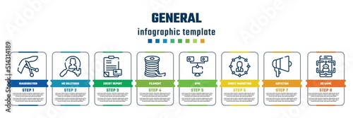 general concept infographic design template. included inauguration, hr solutions, credit report, filament, bpm, direct marketing, agitation, ar game icons and 8 steps or options.