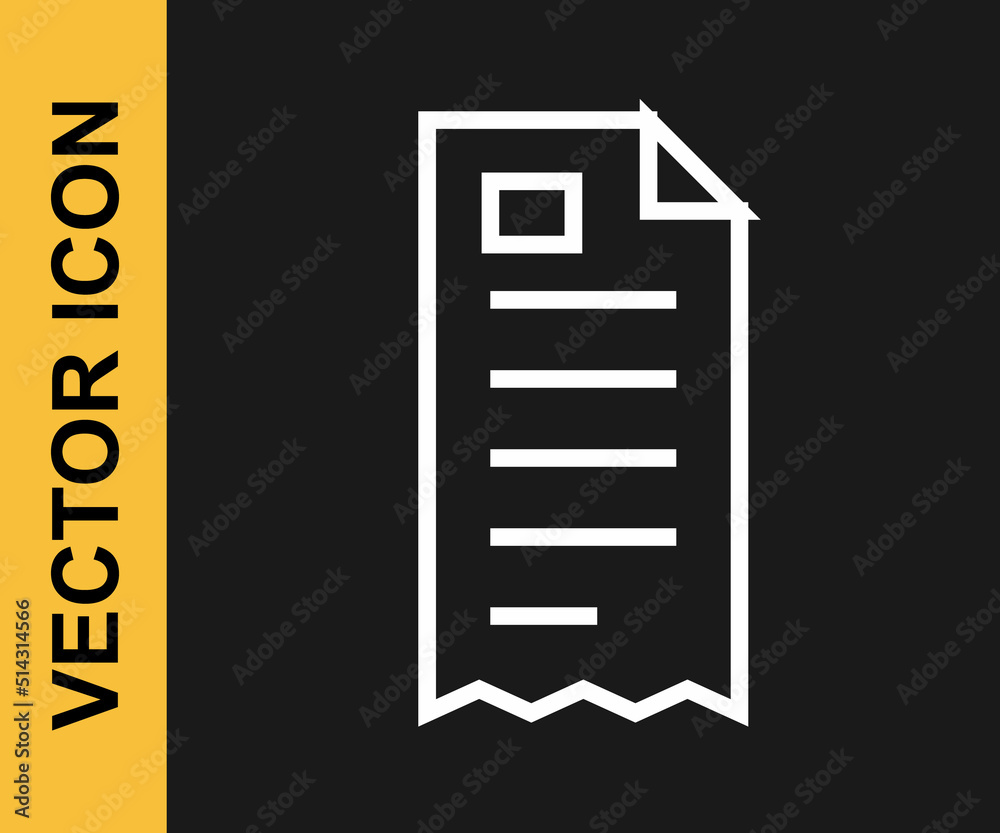 White line Paper check and financial check icon isolated on black background. Paper print check, shop receipt or bill. Vector White line Paper check and financial check icon isolated on black background. Paper print check, shop receipt or bill. Vector