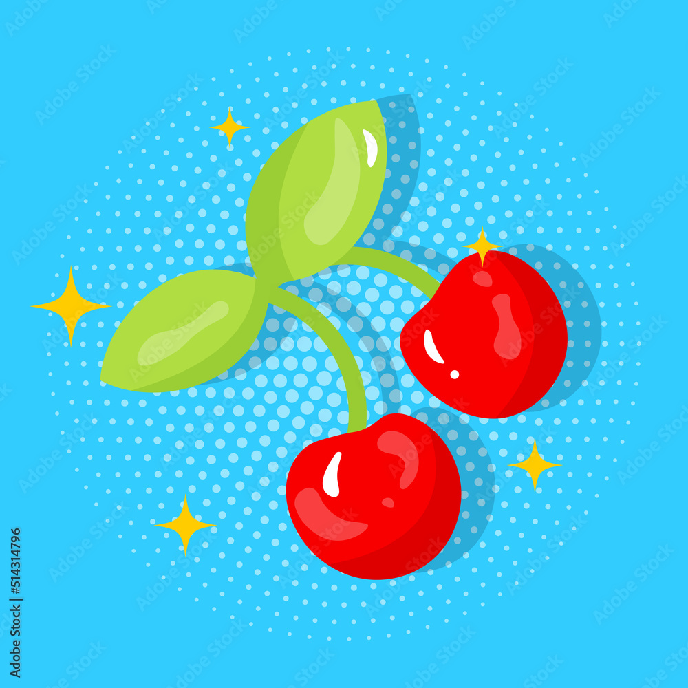 Sticker cherry in pop art style, juicy colours. Icon on pop art retro