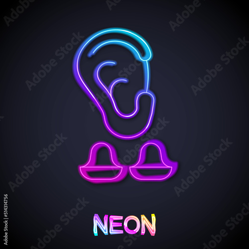 Glowing neon line Earplugs and ear icon isolated on black background. Ear plug sign. Noise symbol. Sleeping quality concept. Vector