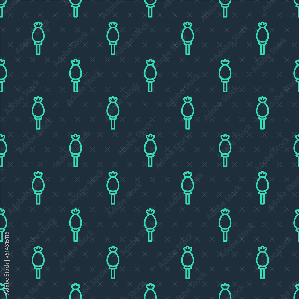 Green line Opium poppy icon isolated seamless pattern on blue background. Poppy Papaver somniferum flower seed head. Vector Green line Opium poppy icon isolated seamless pattern on blue background. Poppy Papaver somniferum flower seed head. Vector