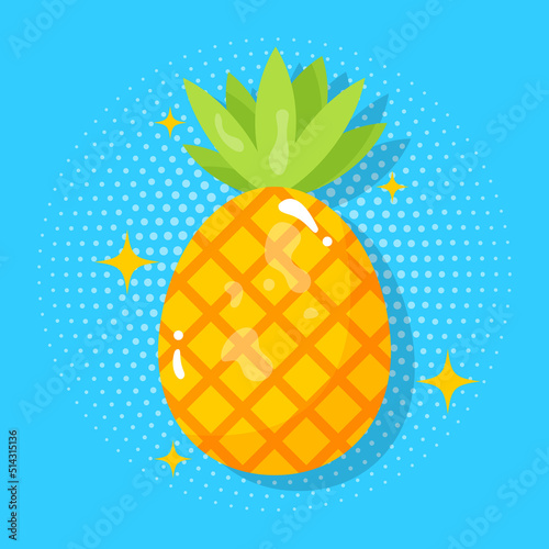 Sticker pineapple in pop art style, juicy colours. Icon on pop art retro vintage background. Trendy color illustration