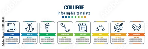 college concept infographic design template. included failed, pendulum, ph, spermatozoon, timetable, omega, gyroscope, scholarship icons and 8 steps or options.