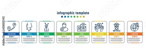 concept infographic design template. included long distance, runny e, headache, patient, clinic, save the world, reservoir, worldwide icons and 8 steps or options.