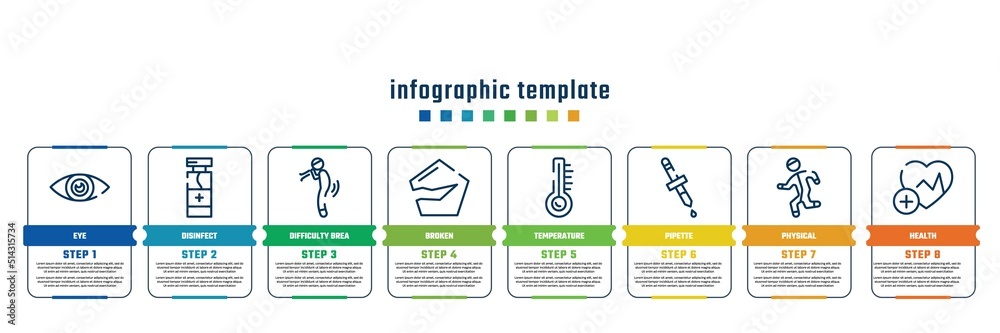 concept infographic design template. included eye, disinfect, difficulty brea, broken, temperature, pipette, physical, health icons and 8 steps or options. concept infographic design template. included eye, disinfect, difficulty brea, broken, temperature, pipette, physical, health icons and 8 steps or options.