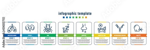 concept infographic design template. included infected lungs, kidney, bug, weak, rhinitis, hospital bed, autoimmune disease, breath icons and 8 steps or options.
