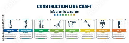 construction line craft concept infographic design template. included wrecking ball, adjustable wrench, knives, digging, big driller, crowbar, electrical plug, drill tip icons and 8 steps or