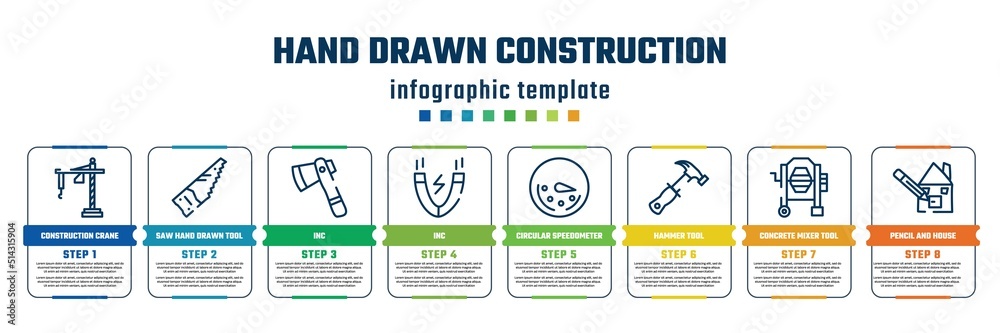 hand drawn construction concept infographic design template. included construction crane hine, saw hand drawn tool, inc, inc, circular speedometer, hammer tool, concrete mixer tool, pencil and house hand drawn construction concept infographic design template. included construction crane hine, saw hand drawn tool, inc, inc, circular speedometer, hammer tool, concrete mixer tool, pencil and house