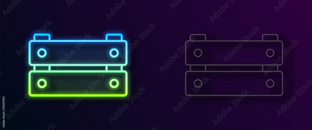 Glowing neon line Wooden box icon isolated on black background. Grocery basket, storehouse crate. Empty wooden container for vegetables, products. Vector