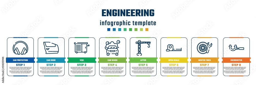 engineering concept infographic design template. included ear protection, car door, vise, car wash, lifter, open scale, winter tires, micrometer icons and 8 steps or options. engineering concept infographic design template. included ear protection, car door, vise, car wash, lifter, open scale, winter tires, micrometer icons and 8 steps or options.