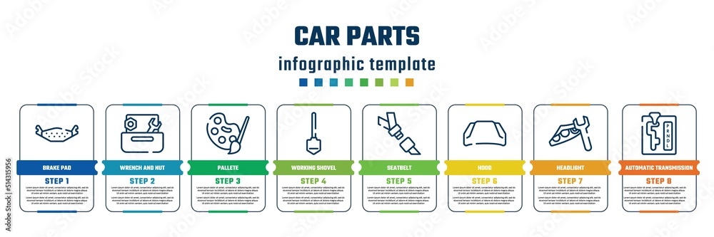 car parts concept infographic design template. included brake pad, wrench and nut, pallete, working shovel, seatbelt, hood, headlight, automatic transmission icons and 8 steps or options.
