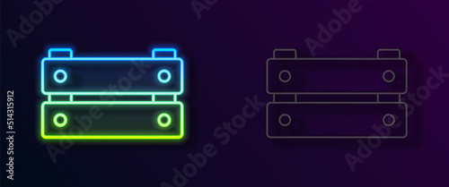 Glowing neon line Wooden box icon isolated on black background. Grocery basket, storehouse crate. Empty wooden container for vegetables, products. Vector