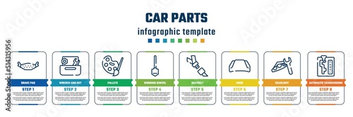 car parts concept infographic design template. included brake pad, wrench and nut, pallete, working shovel, seatbelt, hood, headlight, automatic transmission icons and 8 steps or options.