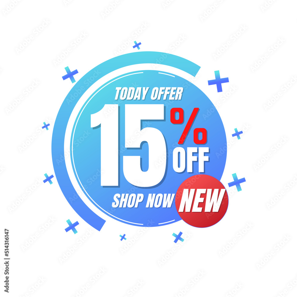 15% percent off, shop, now, Today offer, 3D blue and red design of a bubble, with various background details, Vector illustration, Fifteen 