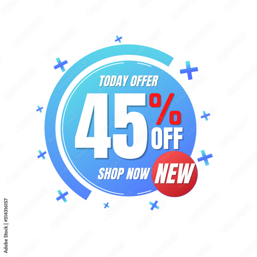 45% percent off, shop, now, Today offer, 3D blue and red design of a bubble, with various background details, Vector illustration, Forty five 45% percent off, shop, now, Today offer, 3D blue and red design of a bubble, with various background details, Vector illustration, Forty five