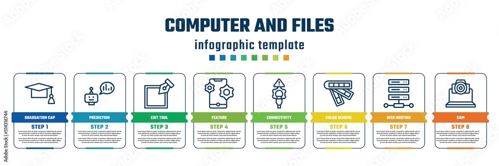 computer and files concept infographic design template. included graduation cap, prediction, edit tool, feature, connectivity, color scheme, web hosting, cam icons and 8 steps or options.
