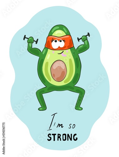 Funny avocado character with big muscle doing exercises with dumbbells