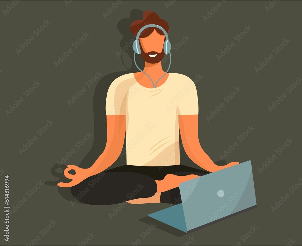 A man sits in a lotus position, does yoga and listens to music. Hipster in headphones meditates with a laptop. Vector flat illustration on a dark background. Template for for banner, website. A man sits in a lotus position, does yoga and listens to music. Hipster in headphones meditates with a laptop. Vector flat illustration on a dark background. Template for for banner, website.