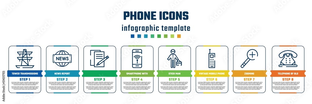 phone icons concept infographic design template. included tower transmissions, news report, , smartphone with wireless internet, stick man, vintage mobile phone, zooming, telephone of old de icons phone icons concept infographic design template. included tower transmissions, news report, , smartphone with wireless internet, stick man, vintage mobile phone, zooming, telephone of old de icons