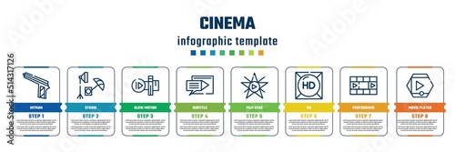 cinema concept infographic design template. included hitman, studio, slow motion, subtitle, film star, hd, photograms, movie player icons and 8 steps or options.